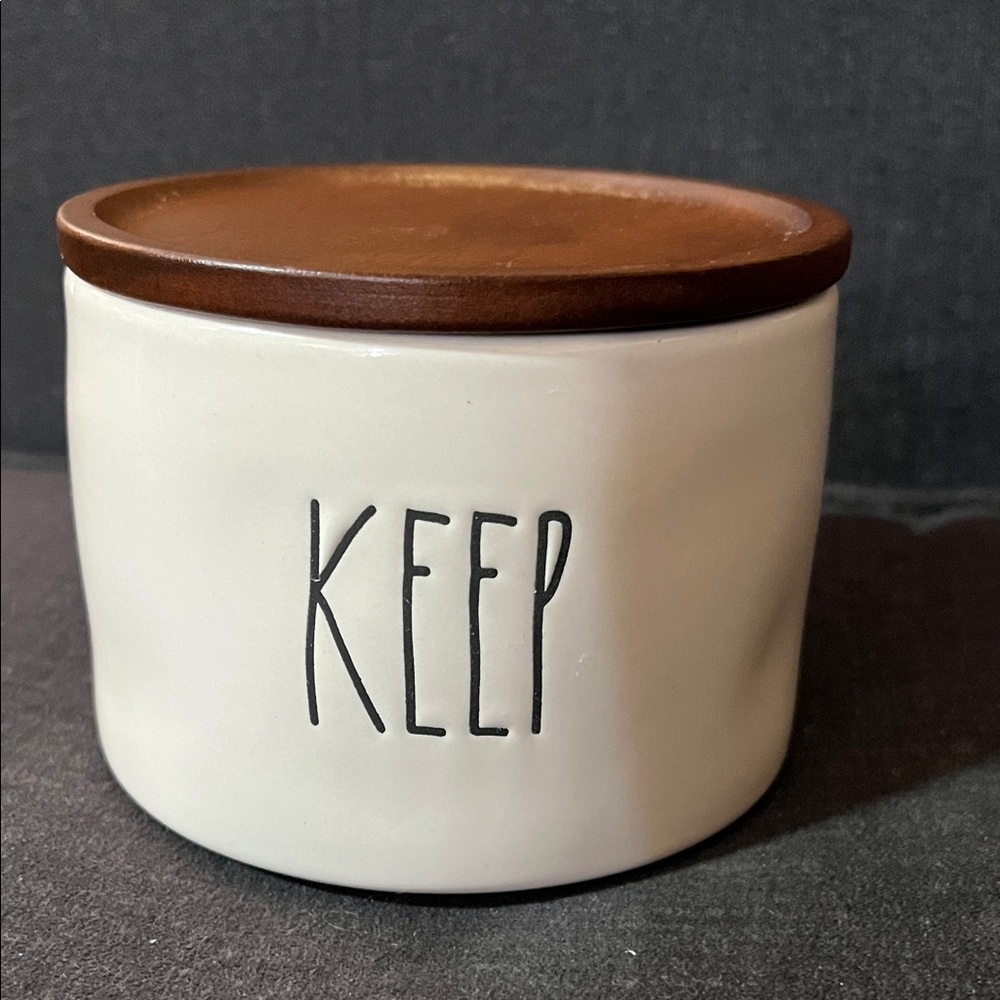 Rae Dunn Artisan Collection Ceramic container with Wood Lid “Keep” by Magenta